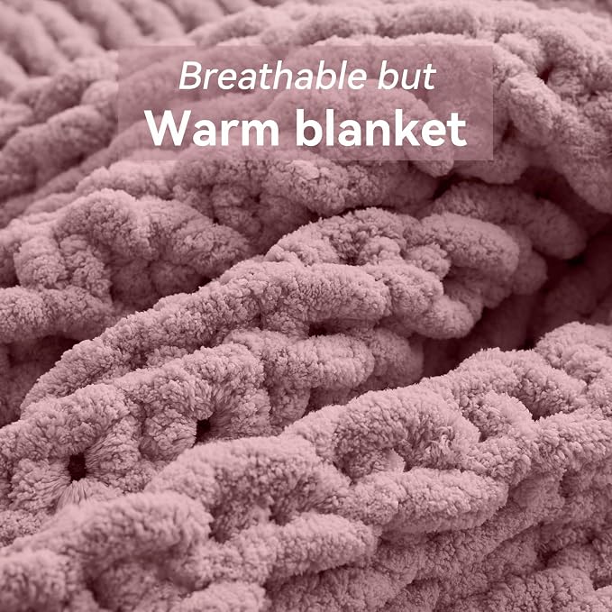 Negwoo Chunky Knit Throw Blanket, 60''*80'' Knitted Throw Chenille Yarn for Bed Couch, Handmade Muted Pink Crochet Big Thick Blanket, Machine Washable Cute Comfy Blanket for Home Decor