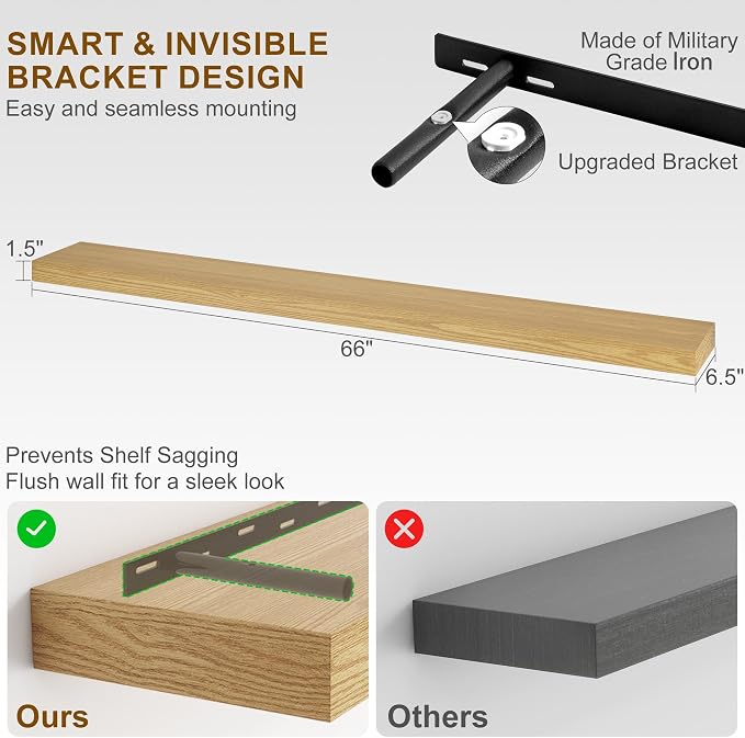 Fun Memories 66 Inch Fireplace Mantel - Long Floating Shelf, Wall Mounted Farmhouse Display with Invisible Heavy Duty Metal Bracket, Oak, 2 Pack