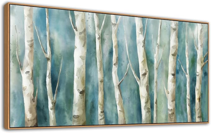Framed Birch Canvas Wall Art - Abstract Birch Tree Pictures for Modern Turquoise Canvas Painting Nature Printing Artwork for Living Room Bedroom Home Office Wall Decoration 29" x 58