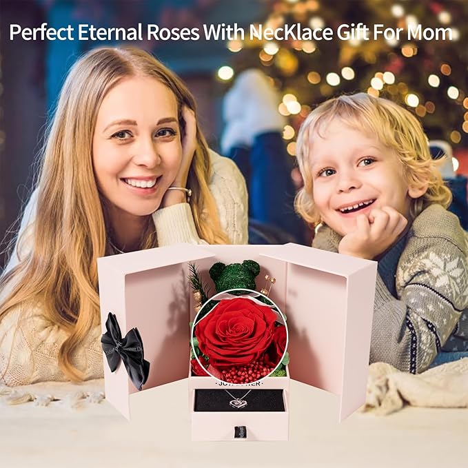 JoyFlower Preserved Rose Moss Bear with Necklace Christmas Roses Gifts Forever Flowers Red Rose Teddy Bear for Mom Women Girlfriend Wife Grandma Valentines Mothers Day Birthday Anniversary Wedding