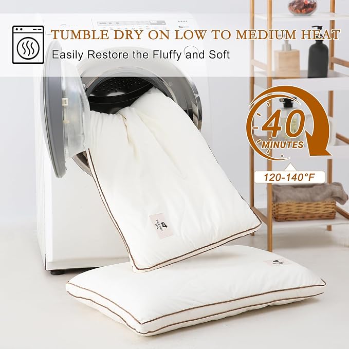 YOUR MOON Natural Wool Pillow Standard Size Set of 2, Flat & Thin Wool Pillow for Sleeping, Low-Loft Bed Pillows for Back and Stomach Sleepers, Breathable Cotton Cover(Off White)