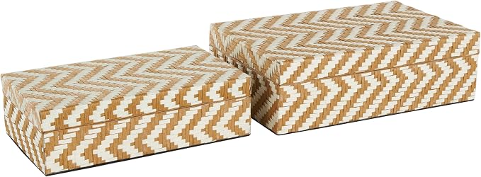 Deco 79 Paper Geometric Handmade Decorative Box Woven Zig Zag Storage Decorative Keepsake Box with Cream Accents, Set of 2 Storage Box 12", 8"W, Brown
