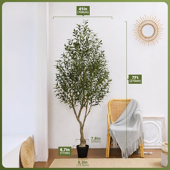Artificial Olive Tree 7FT Fake Plants Indoor - UV Resistant Faux Olive Tree in Black Pot, Outdoor Tall Faux Silk Tree - Fake Trees for Modern Home Decor,Living Room, Office, Patio, Balcony, VN154