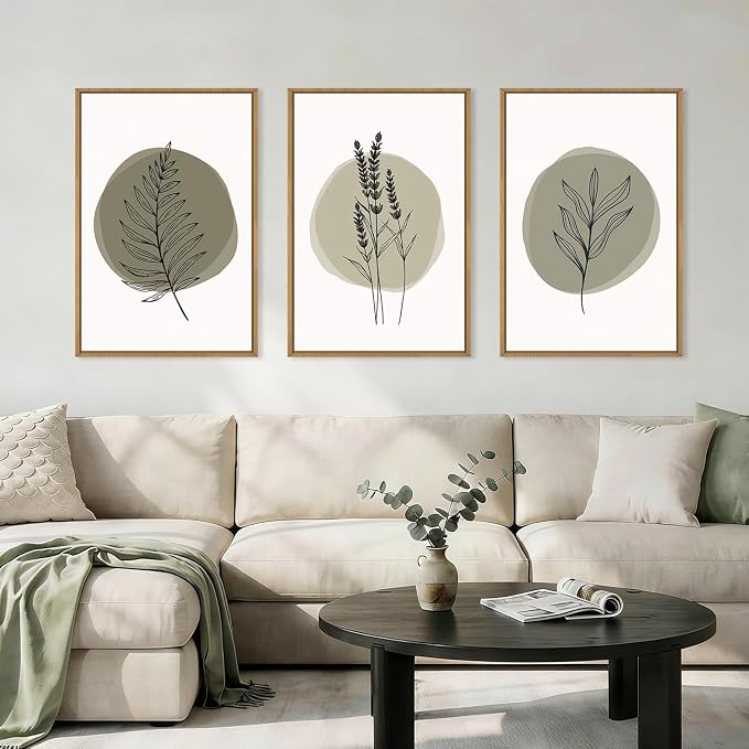 HOURIA Spring Sage Green Leaves Framed Canvas Wall Art Set,Minimalism Boho Leaf Wall Decor, Modern Nature Botanical Wall Painting,Mid Century Plant Art Prints for Living Room,Bedroom,Farmhouse-16"x24"x3