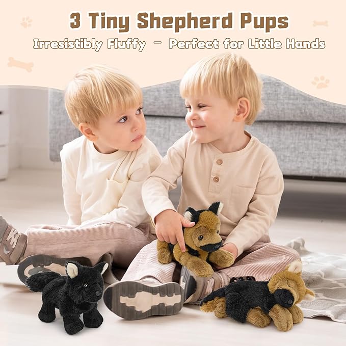 MorisMos 4Pcs German Shepherd Stuffed Animals, 18 Inch Mommy with 3 Puppies, Soft Fluffy Animal Dog Plush Toys Gifts for Kids, Dog Lover