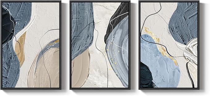 Large Framed Abstract Wall Art for Living Room, Set of 3 Modern Canvas Artwork for Wall, Blue Gray Minimalist Prints Paintings for Bedroom Hallway Office Wall Decor, 24x36 Inch