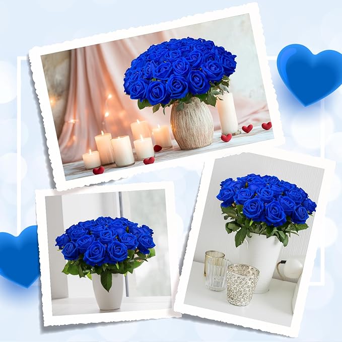 Wondrus Bulk Artificial Flowers 100 PCS, Fake Velvet Silk Blue Roses with Long Stems Realistic Bouquet for Wedding Centerpieces, Faux Arrangement for Home Table Decor