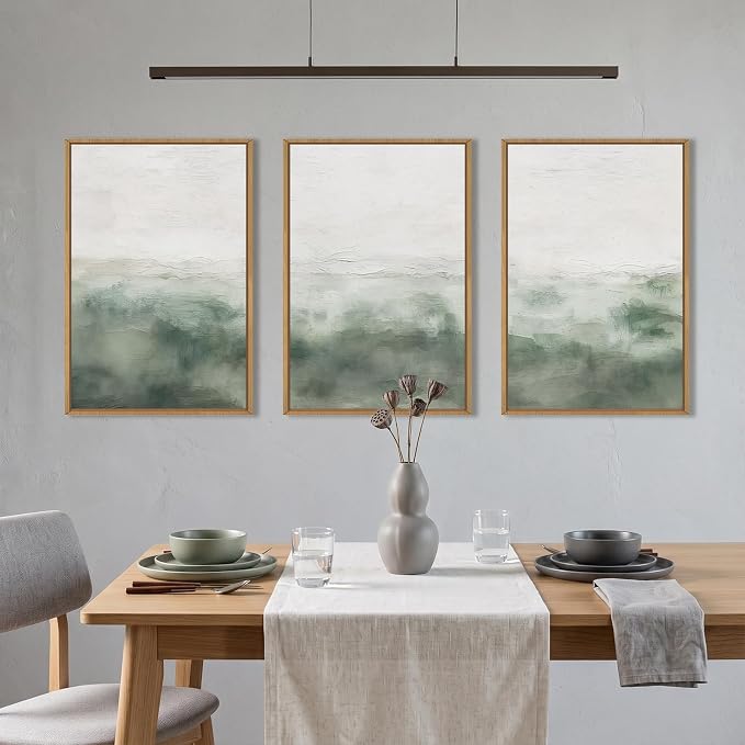 Large Abstract Grey Green Framed Canvas Wall Art,Watercolor Neutral White Wall Decor,Modern Pastel Wall Painting,Illustrations Artwork for Living Room,Bedroom,Dining Room,Office- 24"x36"x3