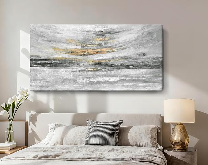 Nicetop 58x29" Large Black and White Abstract Coastal Wall Art with Metallic Gold Accents, Modern Minimalist Canvas Print of Ocean Waves and Clouds, Ready to Hang Wall Decor for Living Room, Bedroom Above Bed, Office