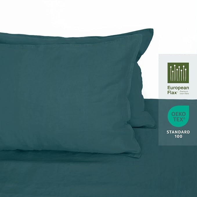 Linen World Linen Pillow Cases King Size - 20"x40" Set of 2,100% French Flax Pillowcase,Soft Breathable Natural Pillow Covers,Midnight Green