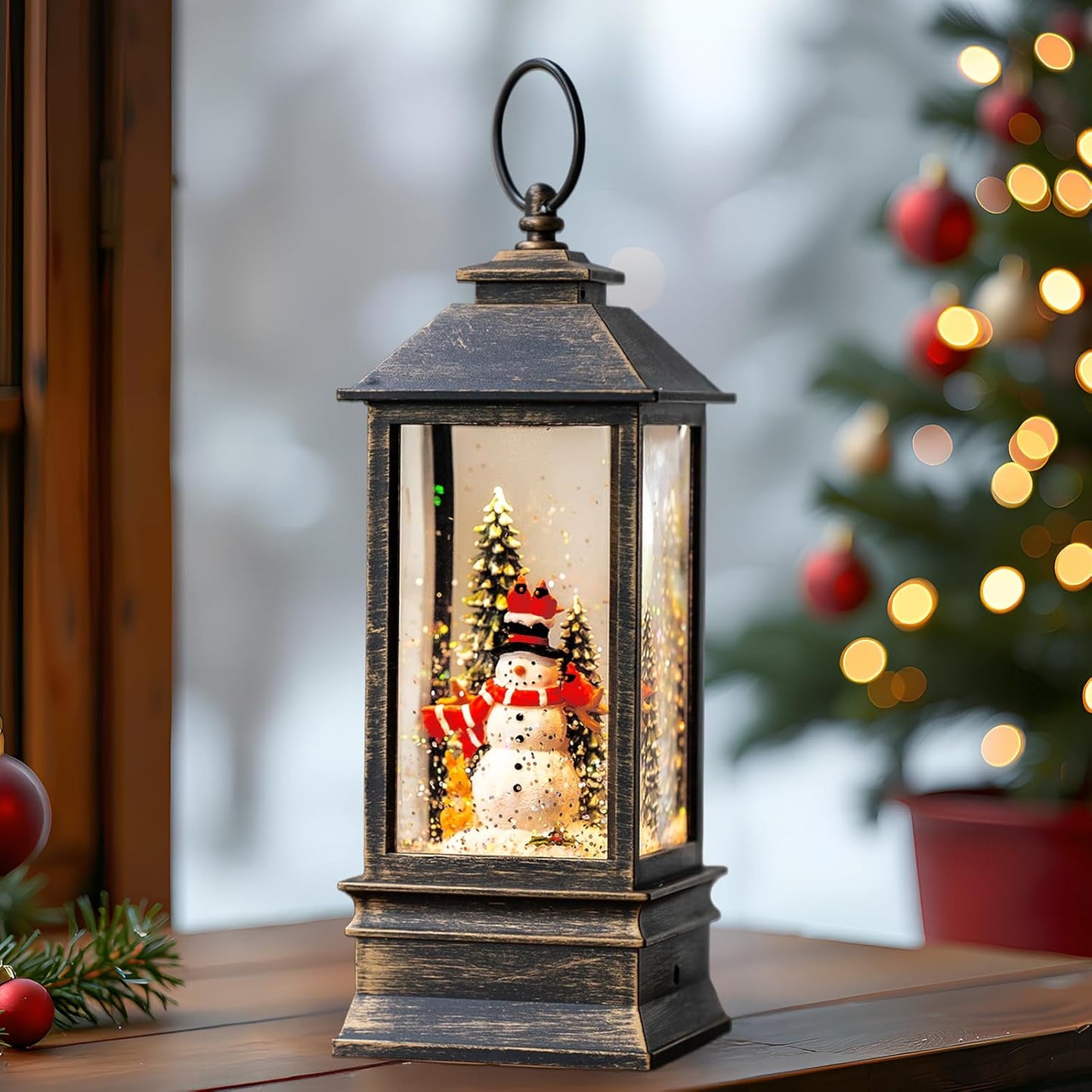 Christmas Snow Globes (11 Inch, Square-Snowman), Black Brush Gold