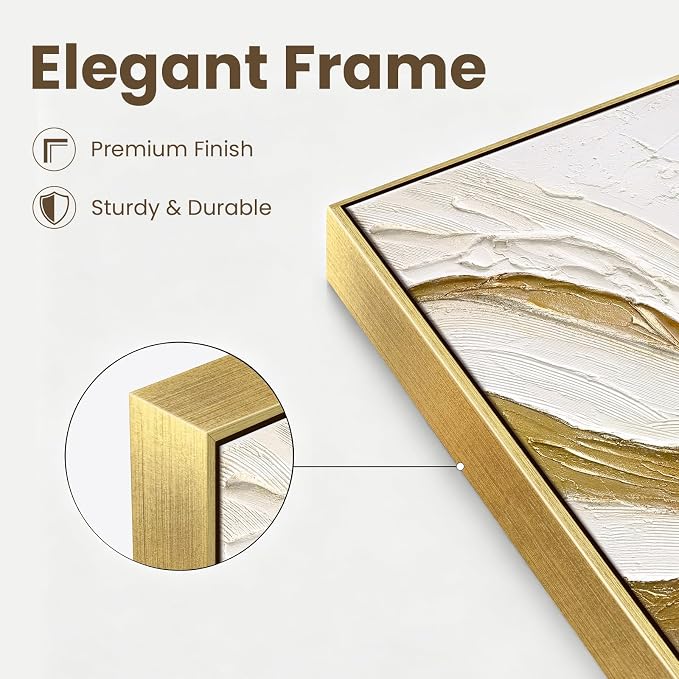 SAFERRYHOME Abstract Texture Hand Painted Wall Art, White Gold, 30"x40" | Large 3D Textured Framed Canvas Wall Decor, Modern Neutral Painting Minimalist Wave Artwork for Home Office Living Room
