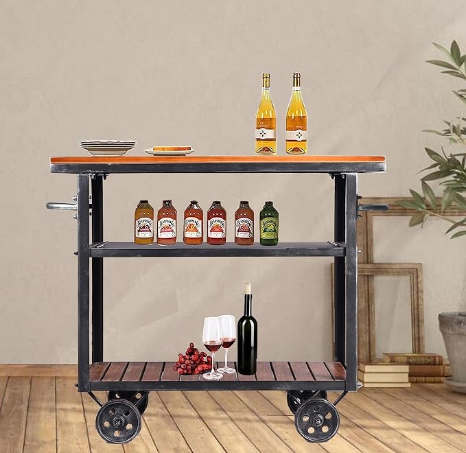 LOKKHAN Rolling Bar Cart with Handle [3 Tier] Home Kitchen Microwave Cart Island On Wheels, Mobile Serving Cart Beverage Cart, Coffee Station (Metal/Wood, Industrial Black/Rustic Brown)