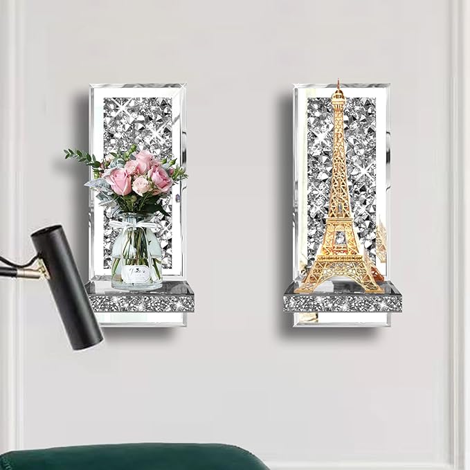 ZOLAPI Set of 2 Crystal Crush Diamond Candle Sconces, Gorgeous Silver Mirrored Wall Sconce, Candle Holder Glass Wall Decorations for Home Décor, Living Room, Dining Room. 1A