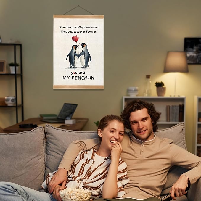 Penguin Love Canvas Wall Art, Romantic Couple Poster with Wooden Frame, Hanging Home Decor,Cute Penguins Poster Gifts for Wife,Husband,Boyfriend and Girlfriend,or Valentine's Day Gift 12x16inches