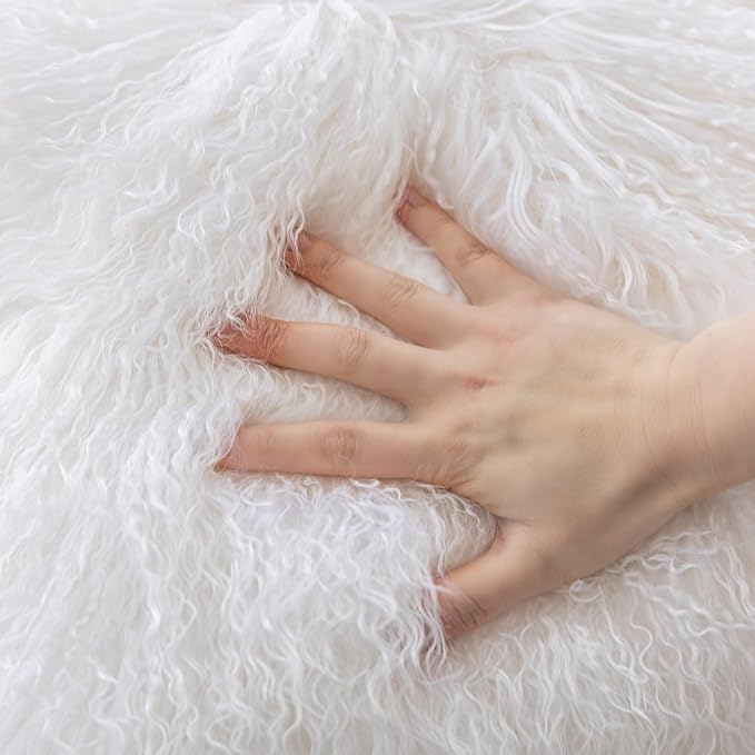 Real 100% Tibetan Mongolian Lamb Sheepskin Wool Fur Throw Pillow Covers Super Soft Plush Leather Accent Pillowcase Decorative Cushion Cover White 12x20 Inch Set of 2