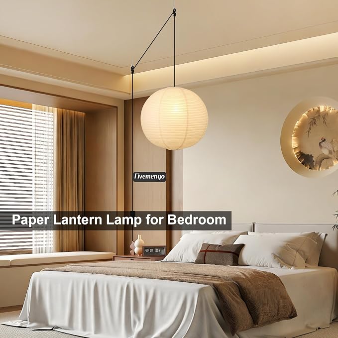 Paper Lantern Lamp Plug in Hanging Lamp, 20in Off-White Rice Paper Pendant Light with 19.7FT Cord Large Globe Japanese Japandi Wabi Sabi Chandelier for Dining Living Room Bedroom 1 Pack