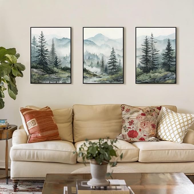 SAFERRYHOME Foggy Green Forest Wall Art, Misty Pine Tree Framed Canvas Wall Decor, Nature Landscape Painting Woodland Prints, Modern Mountain Artwork Picture for Living Room Bedroom Office, 20"x28"x3