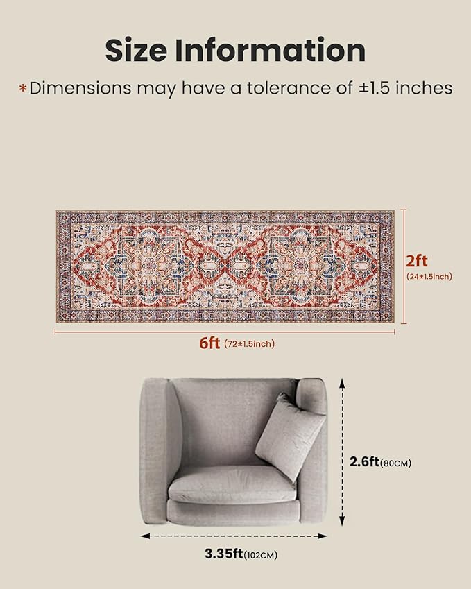 AMADA HOMEFURNISHING 2x6 Washable Runner Rug, Low-Profile Kitchen Rugs with Non-Slip Backing & Durable Edge Binding, Vintage Entryway Runner Rug for Bedroom & Hallway