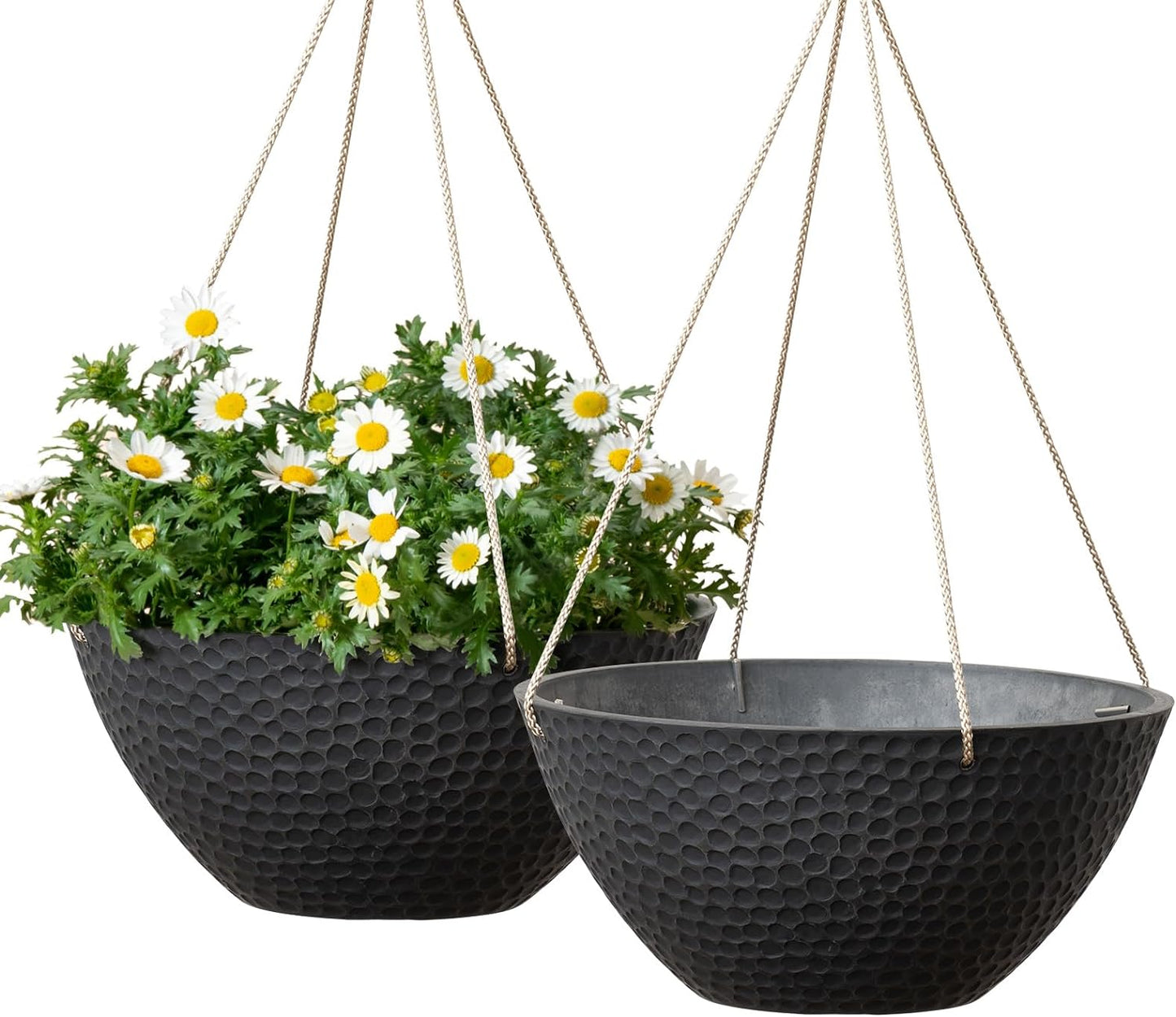 LA JOLIE MUSE Hanging Planters for Outdoor Plants, Large Hanging Planter with Drain Holes, Outdoor Hanging Flower Pots, Matte Black, Honeycomb (13.2 Inch, Set of 2)