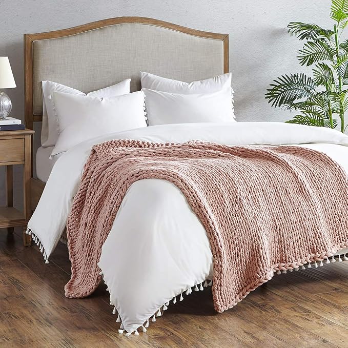 Madison Park Boho Throw Blanket, Soft Handmade Gift Home Decor, Lightweight & Breathable All Seasons Chunky Knit Throw, 50"x60" Blush