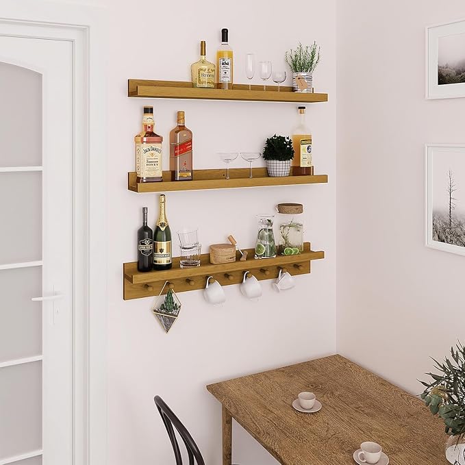 MBYD Solid Wood Light Walnut Floating Nursery Shelves for Living Room, 36 Inch Wall Shelf with Hooks & Wooden Pegs, Picture Ledge to Organize Kitchen Decor, Declutter Small Items & Hang Accessories