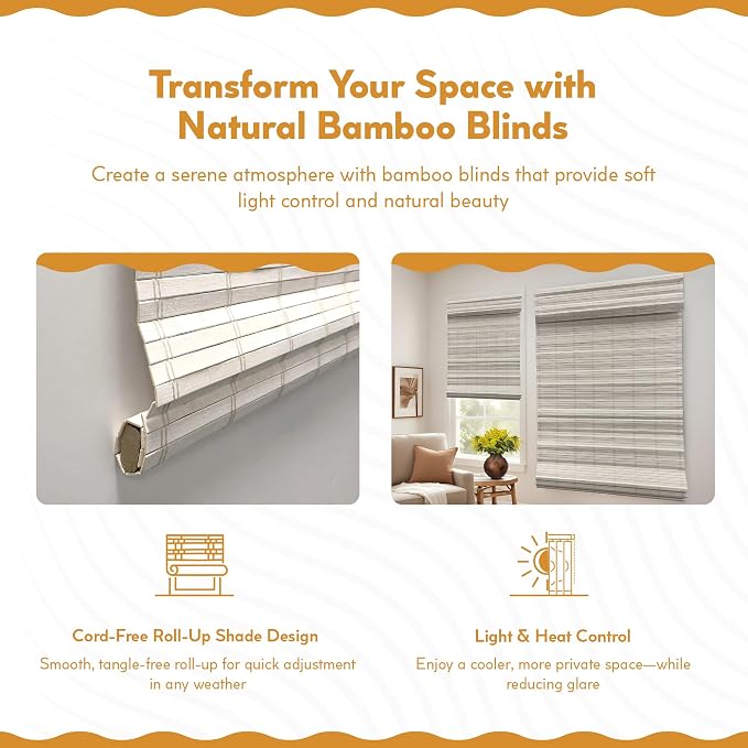 Radiance Cordless Distressed White Brooklyn Flatstick Bamboo Roman Shade - 23 in. W x 64 in. L