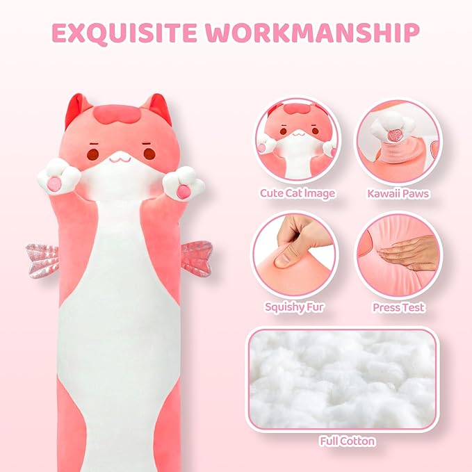 Mewaii Long Cat Plush 5 Sizes, 120% Extra Filling Giant Plushness Kids Body Pillow, Kawaii Cute Pink Cat Stuffed Animals Plushies, Big Long Body Pillow Cat Plush Gift for Girls 20”