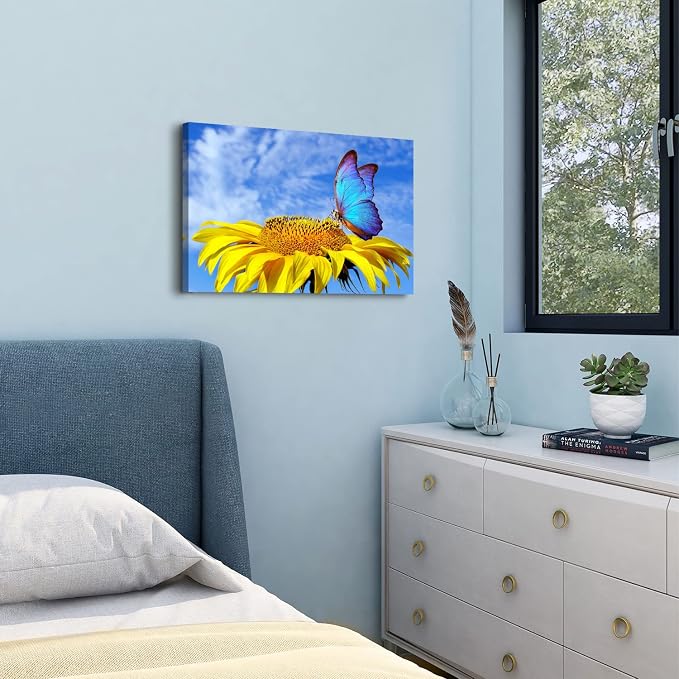 Sunflower Wall Art Bathroom Decor Blue Butterfly Canvas Pictures for Bedroom Sunflower Wall Decor Floral Posters Living Room Kitchen Home Decoration Yellow Sunshine Flower Painting Modern Artwork