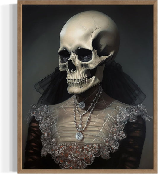 Female Skull Poster Art Print, Halloween Scary Vintage Wall Art Academia Spooky Painting Decoration for Horror Prints, Gothic Posters Bedroom Decor 89 (Female Skull, 8 x 10 inches, Wood Frame)