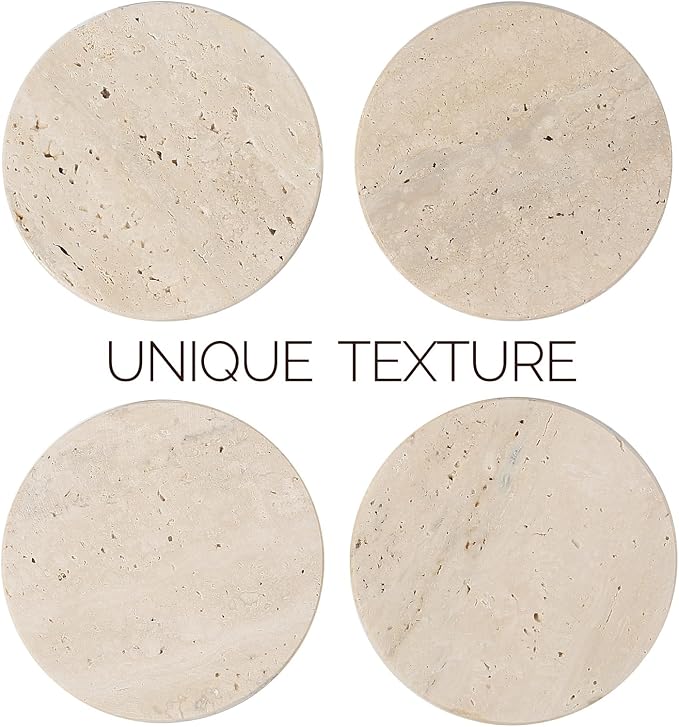 Koville Travertine Coasters, Marble Coaster Set of 4 for Drinks, 4" Round Stone Coasters Set Heat Resistant, Decorative Modern Cup Coaster for Coffee Table Home Bar Decor, Unique Gift Choice(Beige)