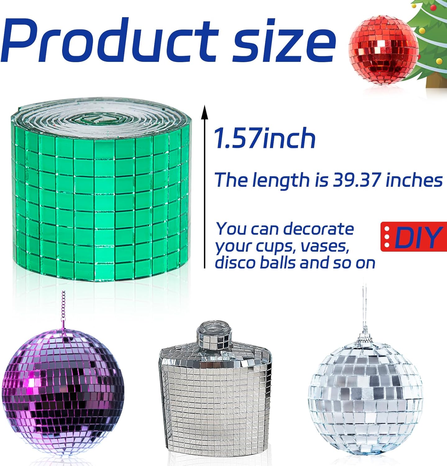 Green Self-Adhesive Glass Mirror Mosaic Tiles, 5 x 5 mm Square Mirror Tiles, 3200 Pieces Disco Ball Tiles for DIY Craft, 2 Rolls Disco Mirror Tiles for Interior, Art Collage, Card Making, Cups