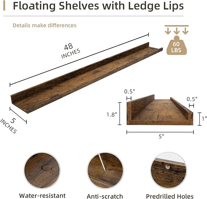 Acovy Picture Ledge Shelf, Wood, 48 inch, Brown, Set of 2 | Long Floating Shelves, Wall Mounted, For Living Room Kids' Room Bedroom, Photo Ledge Nursery Book Shelves