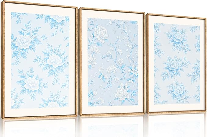 HPNIUB Blue and White Chinoiserie Floral Framed Wall Art Set,Classic Minimalist Wall Decor,Elegant Flowers Art Print,Watercolor Botanical Wildflower Artwork for Living Room, Bedroom,Office-24''x36''x3