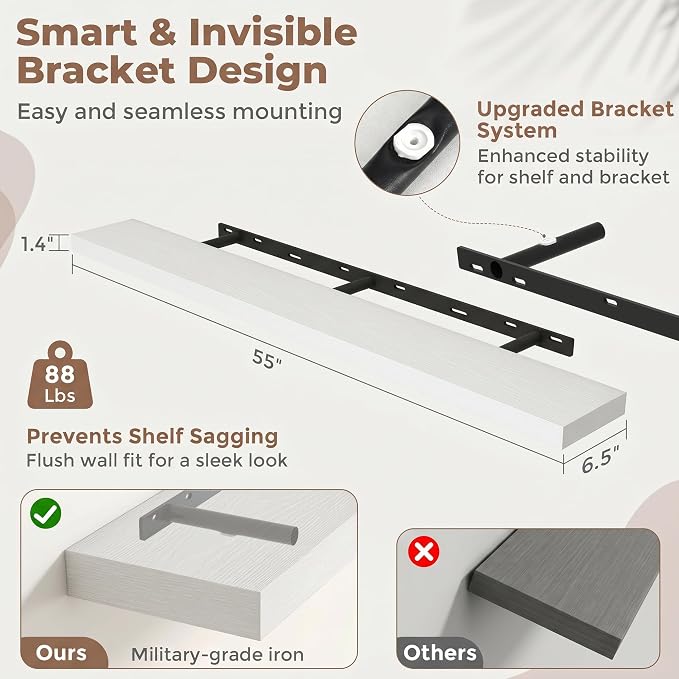 Venusmiles Floating Shelves for Wall, 55 Inch Floating Shelves Set of 2, 6.5" D Wooden Wall Mounted Display Shelves with Invisible Brackets for Living Room, Bedroom, Bathroom, Kitchen Decor, White