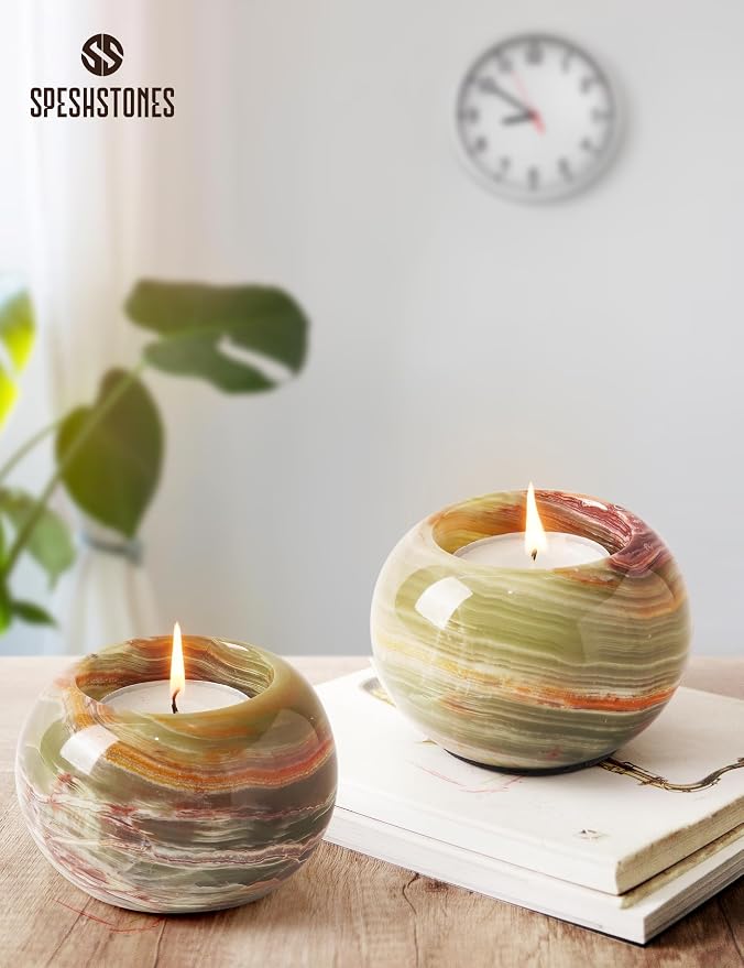 Marble Tealight Candle Holder 3 Inch Green Onyx Mini Votive Candle Holders for Table Centerpiece, Valentines Day Decorations & Room Decor, Decorative Candles Holders for Wedding Gifts