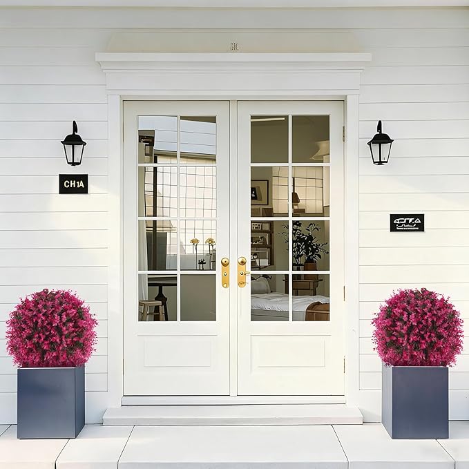 Artificial Pink Eucalyptus Topiary Ball Trees, 2 Set of 16'' UV Resistant Fake Evergreen Shrubs Bushes Plants with Ground Spike, Fake Plants for Outdoor Indoor Front Porch Garden