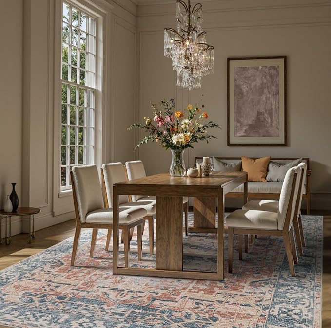 Rugxara 8x10 Area Rugs for Living Room Bedroom, Large Washable Rug, Coral Vintage Retro Boho Rug, Non Slip & Low Pile Faux Wool Thin Carpet for Indoor Dining Room, Kids Room(Coral Blue 8x10ft)