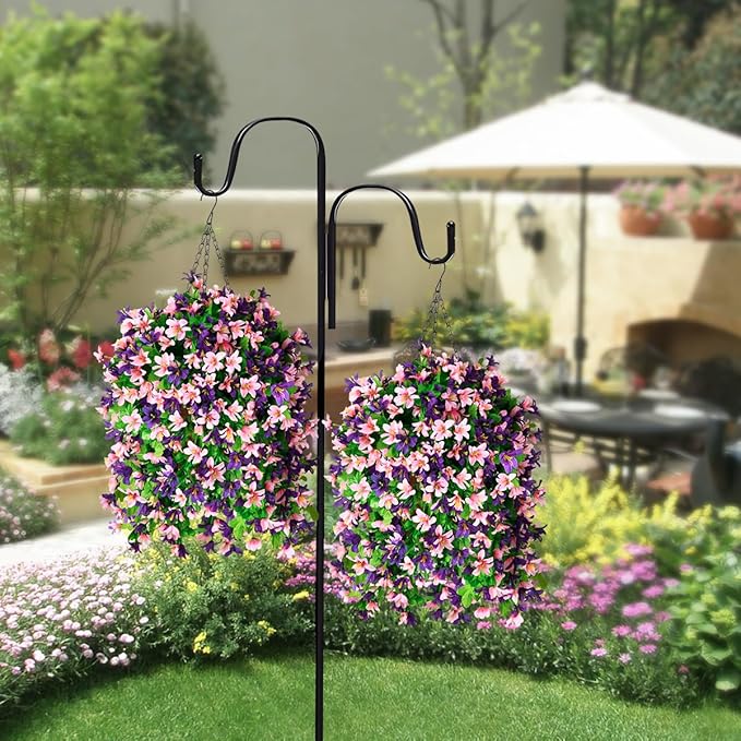 INQCMY Artificial Hanging Flowers in Basket for Outdoor Spring Summer Decoration,4pcs Faux Silk Violet in Planter UV Resistant for Outside Home Patio Garden Porch Deck Decor(Pink Purple)