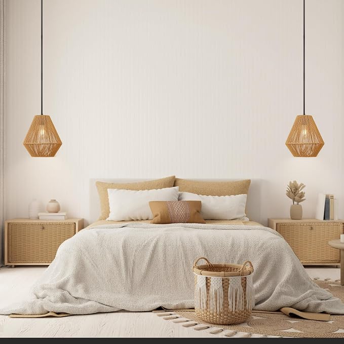 LynPon 12“ Boho Rattan Pendant Light with Rod Hanging, Black Boho Light Fixture with Hanging Lamp Shade, Farmhouse Coastal Wicker Pendant Light for Kitchen Dining Room Bedroom Hallway Foyer Bathroom
