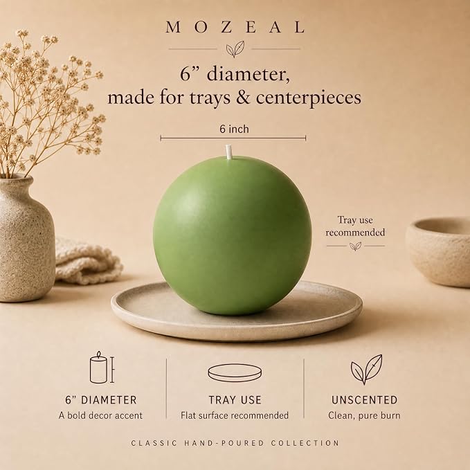 MOZEAL Hand-Poured, 6 Inch Green Large Round Ball Candles - Elegant Green Round Pillar Candles, Dripless, Unscented, Smokeless, Ideal for Spring Celebrations.