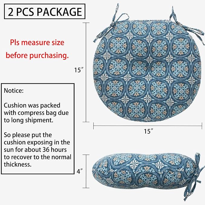 Magpie Fabrics Outdoor Round Bistro Seat Cushions with Ties, 15"x15"x4" Set of 2, Tufted Waterproof Barstool Chair Pads for Patio Home Garden Office, Morgan Medal Print