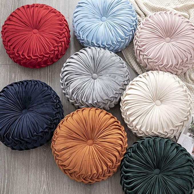 Teieas Round Throw Pillow Velvet Home Decoration Pleated Round Pillow Cushion for Couch Chair Bed Car Beige