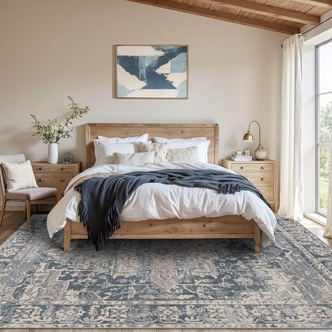 Rugxara 8x10 Area Rugs for Living Room Bedroom, Large Washable Rug, Blue Vintage Retro Boho Rug, Non Slip & Low Pile Faux Wool Thin Carpet for Indoor Dining Room and Kids Room(Blue 8x10ft)