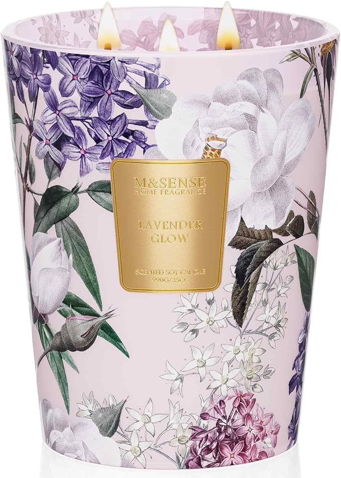 M&SENSE Lavender Glow Soy Candle, 35oz 3-Wick, Sleep Calming Aromatherapy | 150H Slow Burn, Non-Toxic, Large Jar, Bedroom Spa Night, Bathtub, Sleep, Stress Relief Scent