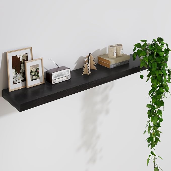 Solid Wood Floating Shelves For Wall, 48”W x 9”D x 1.56”H Large Wall Shelves for Living Room Bedroom Bathroom Kitchen Drcor Storage with Invisible Heavy-Duty Metal Bracket, Carbonized Oak, 2 Pack