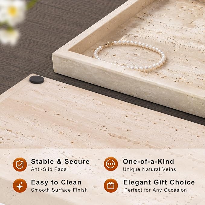 Marble Bathroom Tray for Countertop & Home Decor, Natural Decorative Marble Tray for Jewelry & Perfume Organizer, Stone Vanity Trays for Dresser, Kitchen Counter, 12" x 8", Beige Travertine