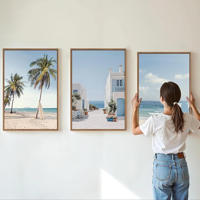 Rantodecor Beach Themed Framed Canvas Wall Art, Palm Tree Surfboard Van Wall Decor, Nordic Blue and White House Art Painting, Modern Relaxing Seascape Artwork for Bedroom Living Room Office 24"x36"x3