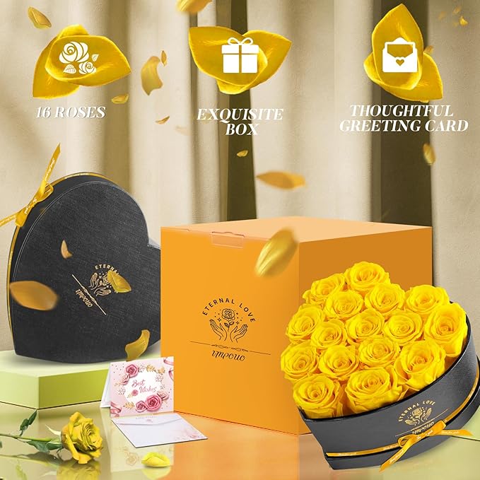 Impouo 16 pcs Preserved Flowers Rose in a Heart Shape Box,Preserved Flowers,Gifts for Women,Mothers' Day,Valentine's Day or Valentine’s Day,Yellow