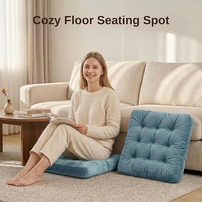 Floor Pillow for Adults, Soft Velvet Floor Cushion for Sitting, Single Square Tufted Floor Pillow for Reading Nook, Living Room, Bedroom, 22 x 22 Inch, Blue